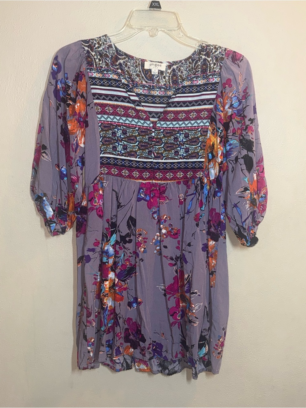 Umgee Purple Floral & Paisley Boho Babydoll Tunic Dress Sz Sm